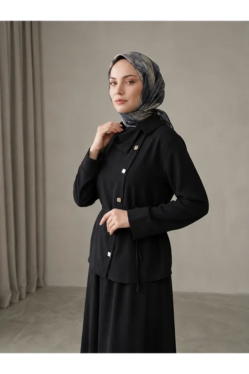 Çapraz Düğmeli Etekli Takım-Siyah