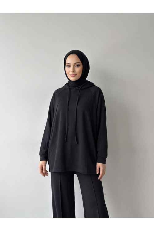 Parçalı Model Kapişonlu Takım-Siyah