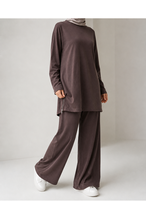 İki Yandan Fermuar Detay Uzun Pantolonlu Takım-Kahve