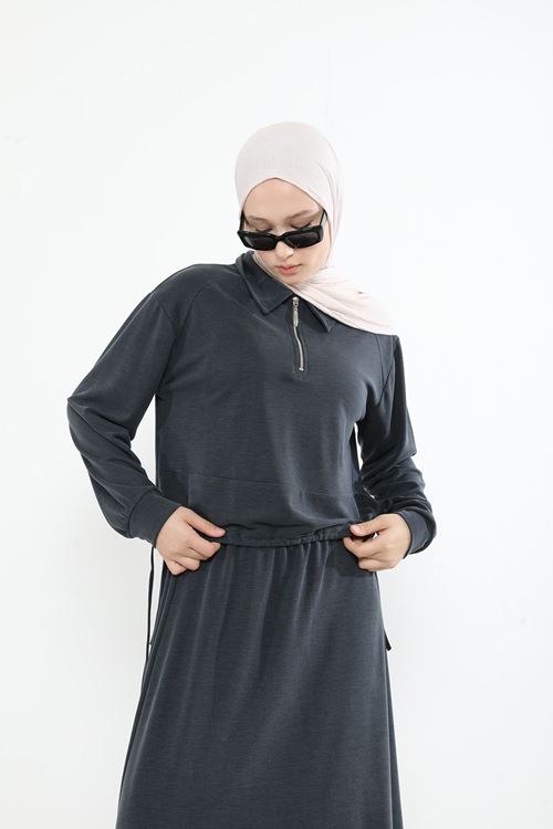 Yakalı Fermuar Detay Etekli Takım-Siyah
