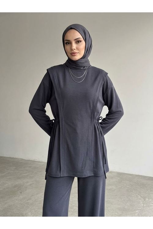 Tünel Detay Kol Katlamalı Pantolonlı Takım-Antrasit