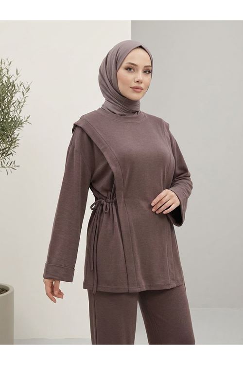 Tünel Detay Kol Katlamalı Pantolonlı Takım-Açık Kahve