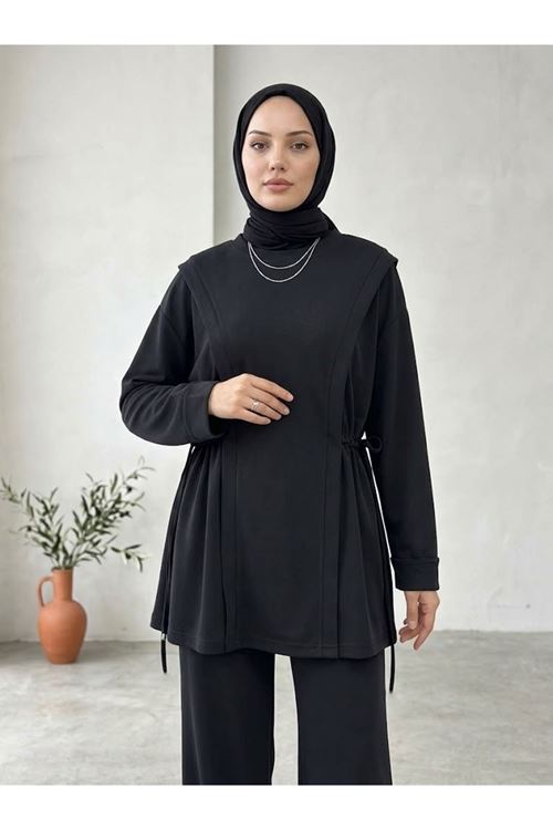 Tünel Detay Kol Katlamalı Pantolonlı Takım-Siyah