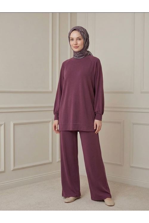 Ön Parçalı Yırtmaç Detay Pantolonlu Takım-Bordo