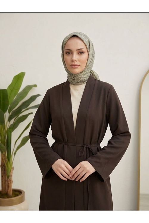 Ön Bantlı Uzun Hırka-Kahve