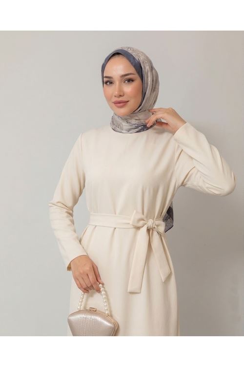 Kuşak Detay Elbise-Krem