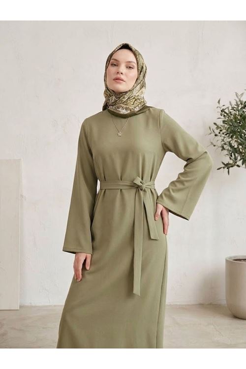 Kuşak Detay Elbise-Açık Haki