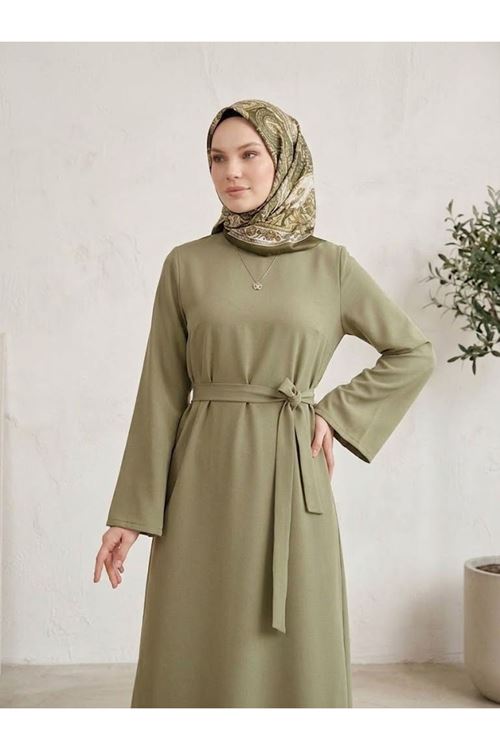 Kuşak Detay Elbise-Açık Haki