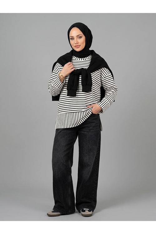 Çizgili Oysho Tunik-Siyah