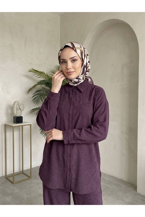 Kraşlı Kupra Pantolonlu Takım-Bordo