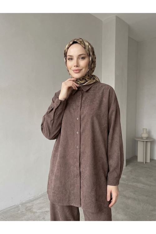 Kraşlı Kupra Pantolonlu Takım-Kahve