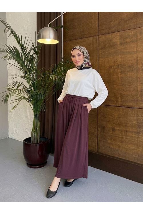 Bel Lastik Pileli Pantolon-Bordo