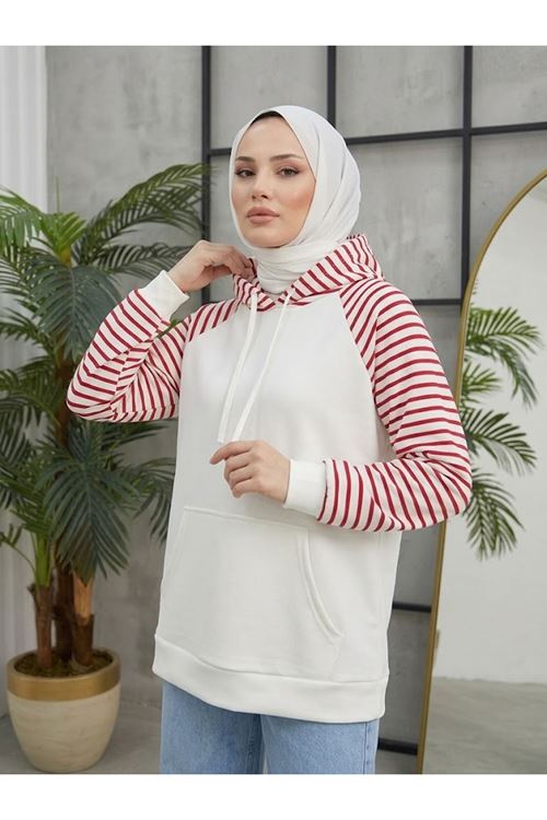 Kapşonlu Kanguru Cep Çizgili Tunik-Kırmızı