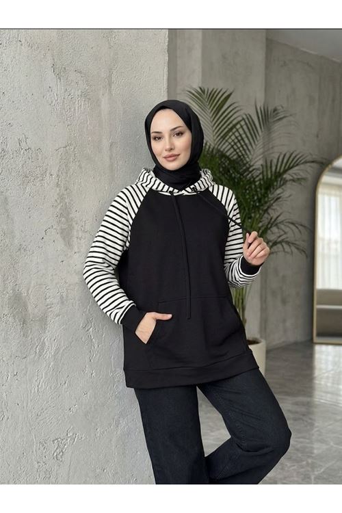 Kapşonlu Kanguru Cep Çizgili Tunik-Siyah