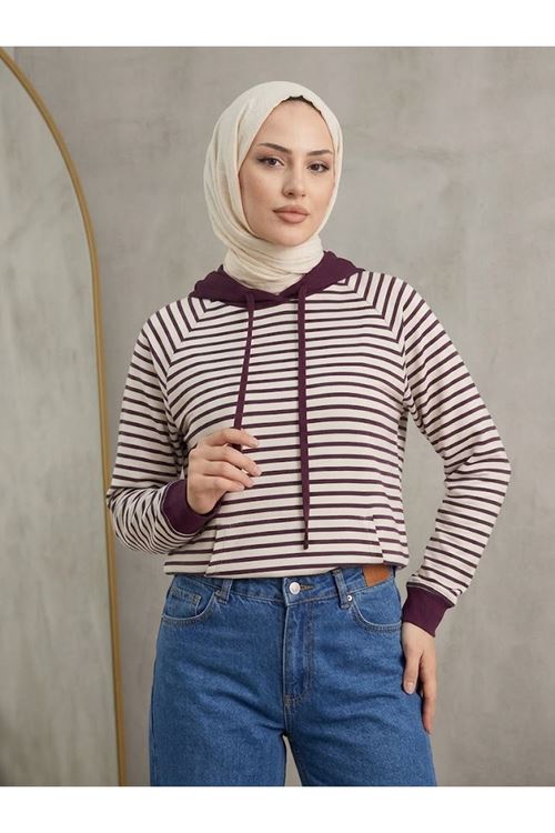 Kapşonlu Çizgili Tunik-Mürdüm