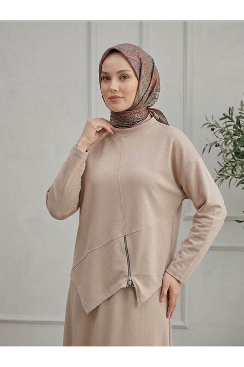 Kadın Fermuar Detay Asimetrik Kesim Etekli Tesettür Takım Kombin Bej
