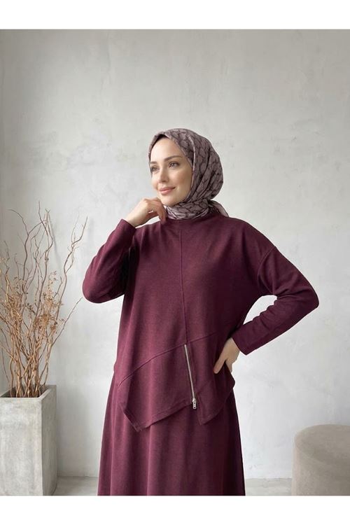 Kadın Fermuar Detay Asimetrik Kesim Etekli Tesettür Takım Kombin Bordo