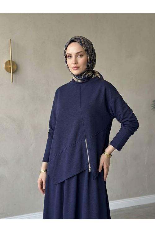 Kadın Fermuar Detay Asimetrik Kesim Etekli Tesettür Takım Kombin Lacivert