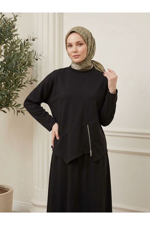 Kadın Fermuar Detay Asimetrik Kesim Etekli Tesettür Takım Kombin Siyah