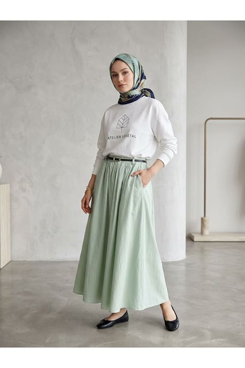 Kadın Astarlı Cepli Vual Kumaş Kemerli Trend Tesettür Etek Mint