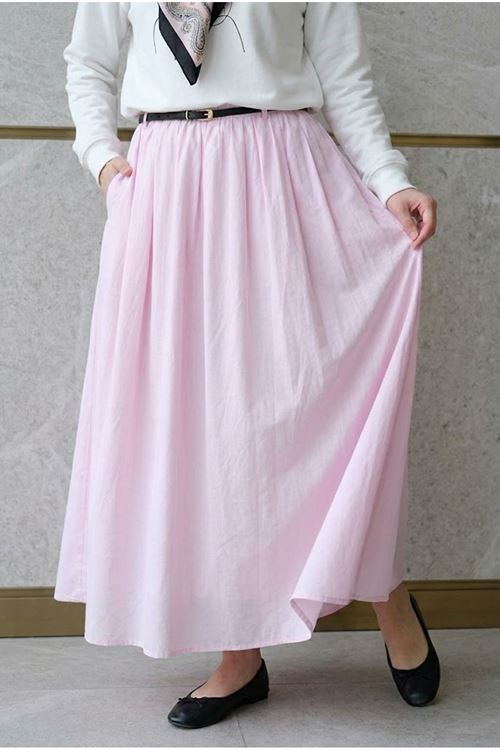 Kadın Astarlı Cepli Vual Kumaş Kemerli Trend Tesettür Etek Pembe