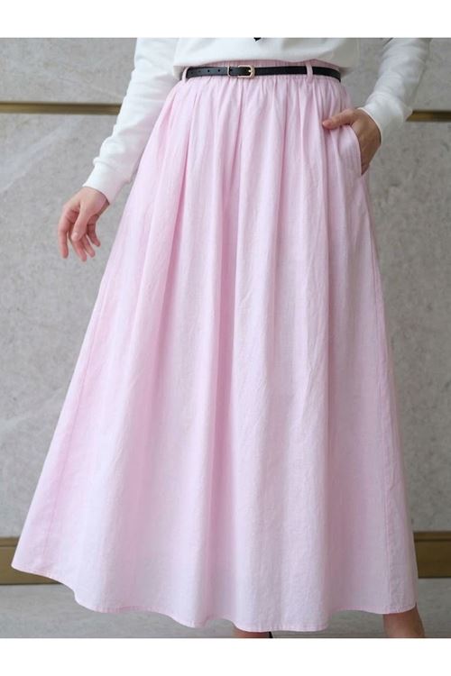 Kadın Astarlı Cepli Vual Kumaş Kemerli Trend Tesettür Etek Pembe