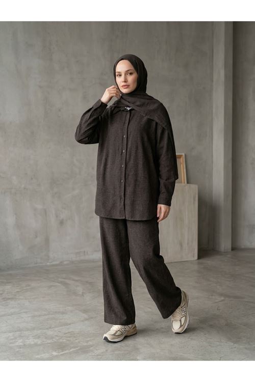 Denim Modal Pantolonlu Takım-Kahve