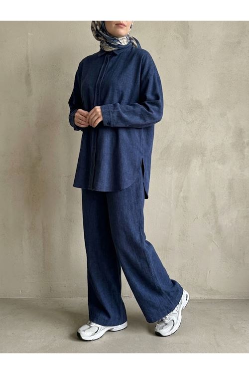 Denim Modal Pantolonlu Takım-Mavi