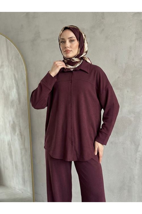 Kadın Gömlek Tunik Panolonlu Modal Kumaş Kalın Tesettür Takım Bordo