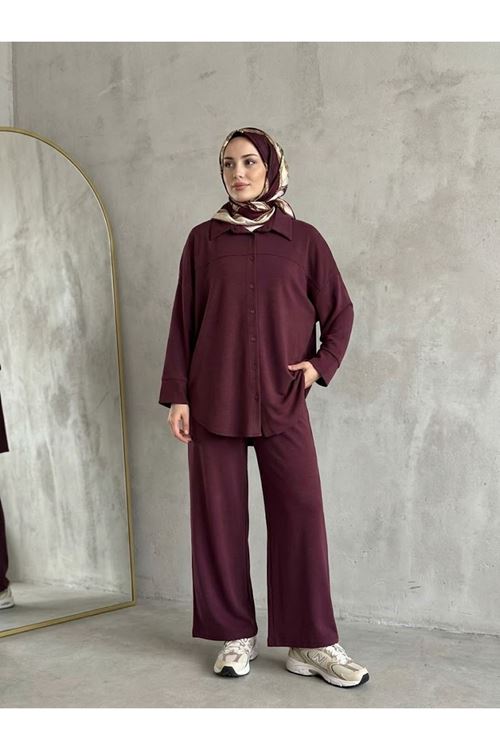 Kadın Gömlek Tunik Panolonlu Modal Kumaş Kalın Tesettür Takım Bordo