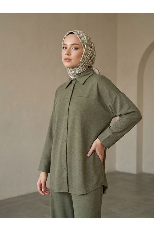 Kadın Gömlek Tunik Panolonlu Modal Kumaş Kalın Tesettür Takım Haki