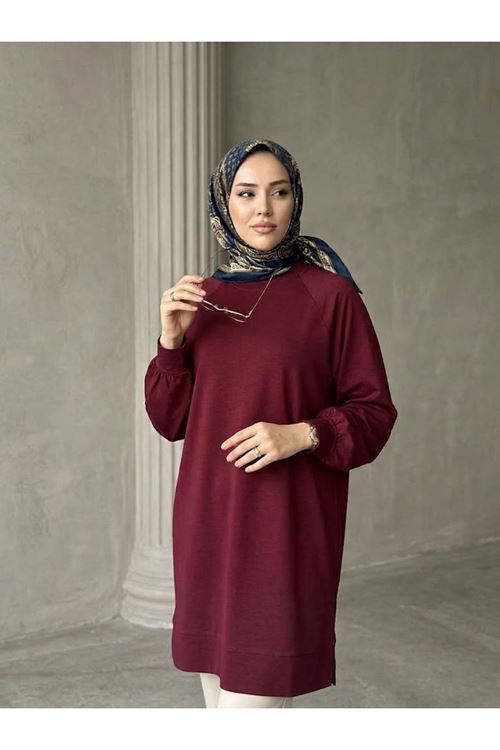 Kadın Yan Yırtmaç Detay Manşetli Tesettür Tunik Bordo