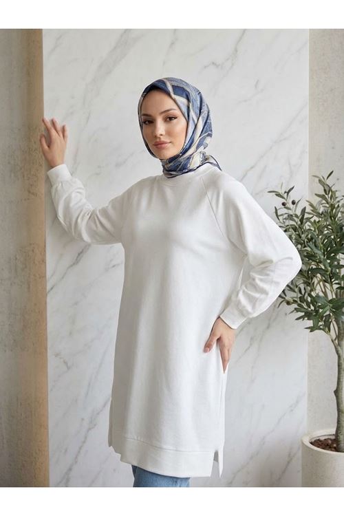 Kadın Yan Yırtmaç Detay Manşetli Tesettür Tunik Ekru