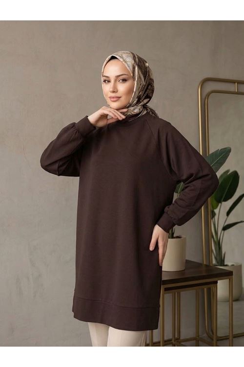 Kadın Yan Yırtmaç Detay Manşetli Tesettür Tunik Kahve