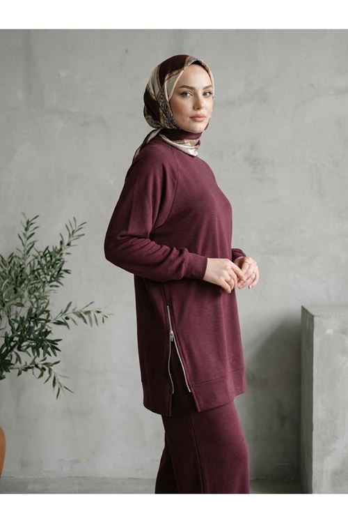 Kadın  Yan Fermuar Detay Reglan Kol Tunik Pantolonlu Tesettür Takım Bordo