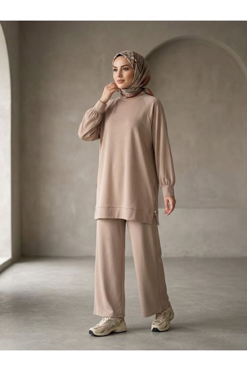 Kadın Yan Fermuar Detay Reglan Kol Tunik Pantolonlu Tesettür Takım Bej