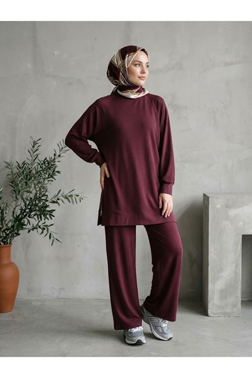 Kadın  Yan Fermuar Detay Reglan Kol Tunik Pantolonlu Tesettür Takım Bordo