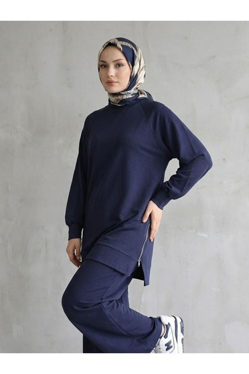 Kadın  Yan Fermuar Detay Reglan Kol Tunik Pantolonlu Tesettür Takım Lacivert