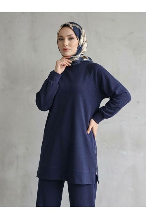 Kadın  Yan Fermuar Detay Reglan Kol Tunik Pantolonlu Tesettür Takım Lacivert
