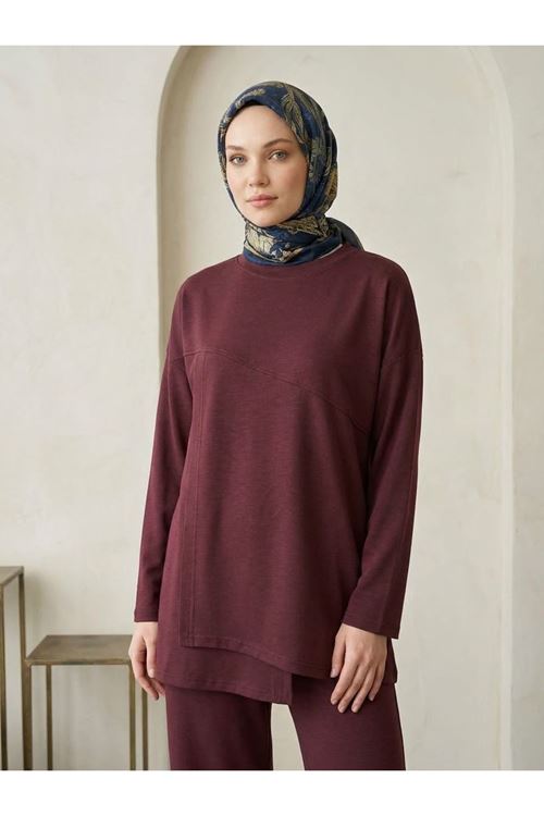 Kadın Ön Asimetrik Detaylı Tunik Pantolonlu Tesettür Takım Bordo