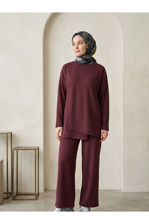 Kadın Ön Asimetrik Detaylı Tunik Pantolonlu Tesettür Takım Bordo