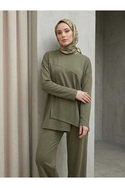 Kadın Ön Asimetrik Detaylı Tunik Pantolonlu Tesettür Takım Haki