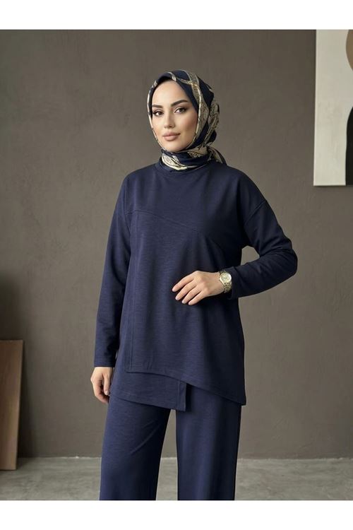Kadın Ön Asimetrik Detaylı Tunik Pantolonlu Tesettür Takım Lacivert