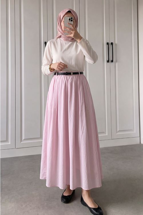 Kadın Astarlı Cepli Vual Kumaş Kemerli Trend Tesettür Etek Pembe