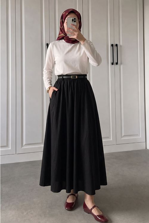 Kadın Astarlı Cepli Vual Kumaş Kemerli Trend Tesettür Etek Siyah
