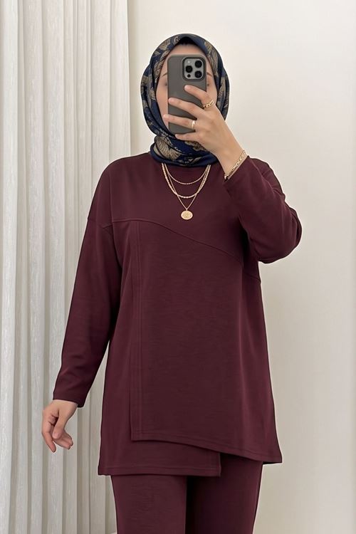 Kadın Ön Asimetrik Detaylı Tunik Pantolonlu Tesettür Takım Bordo