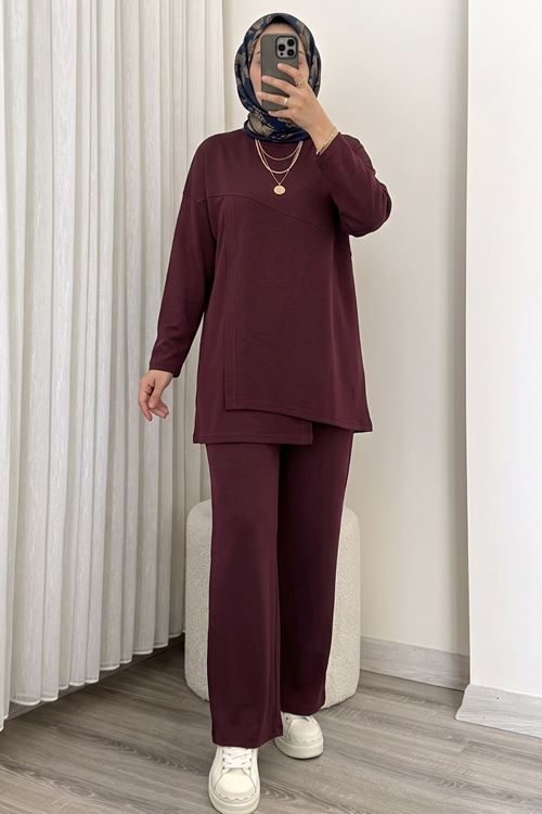 Kadın Ön Asimetrik Detaylı Tunik Pantolonlu Tesettür Takım Bordo