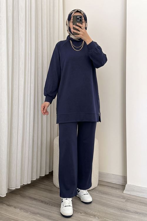 Kadın  Yan Fermuar Detay Reglan Kol Tunik Pantolonlu Tesettür Takım Lacivert