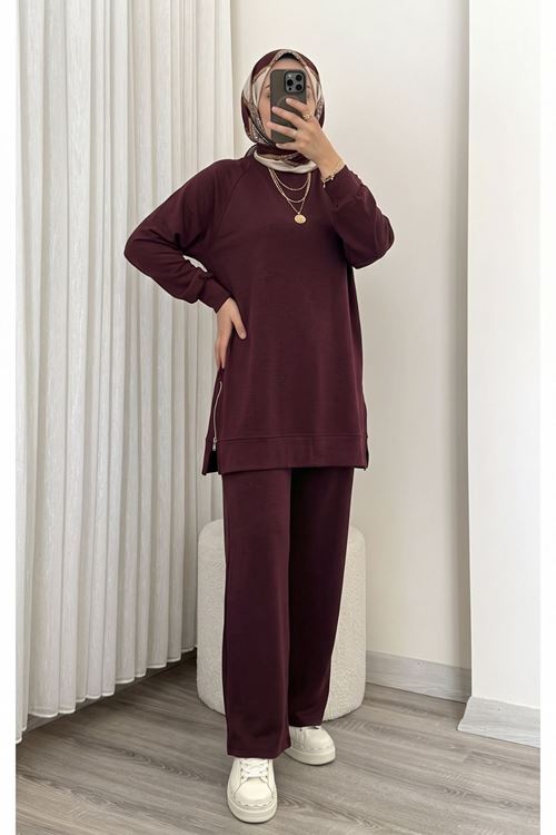 Kadın  Yan Fermuar Detay Reglan Kol Tunik Pantolonlu Tesettür Takım Bordo