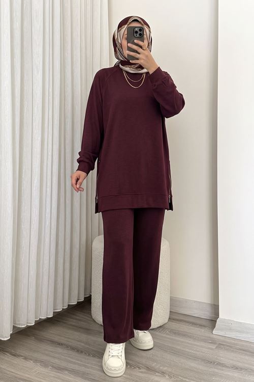 Kadın  Yan Fermuar Detay Reglan Kol Tunik Pantolonlu Tesettür Takım Bordo